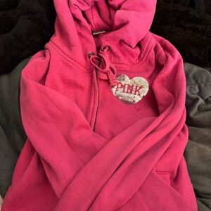 Vintage Victoria’s Secret PINK Sequin “LOVE PINK” Zip-Up Hoodie Jacket (Hot Pink
